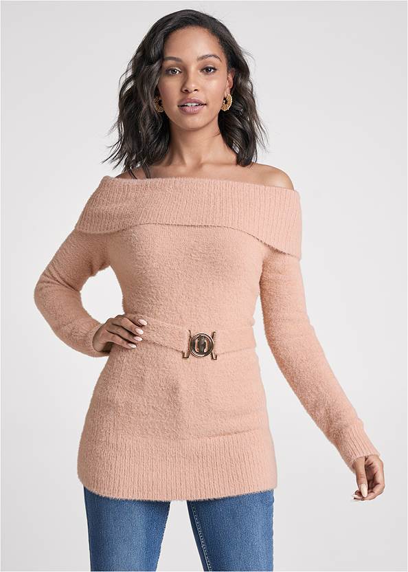 Cropped Front View Fold Over Belted Sweater