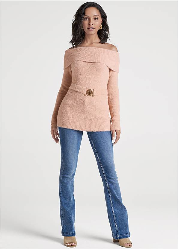 Full Front View Fold Over Belted Sweater