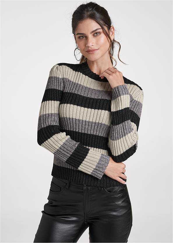 Striped Ribbed Sweater,5-Pocket Faux-Leather Pants,Mid-Rise Slimming Stretch Jeggings,Slouchy Pointed Toe Booties