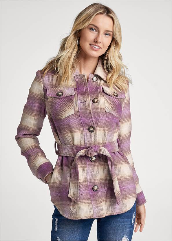 Front View Plaid Shacket With Belt