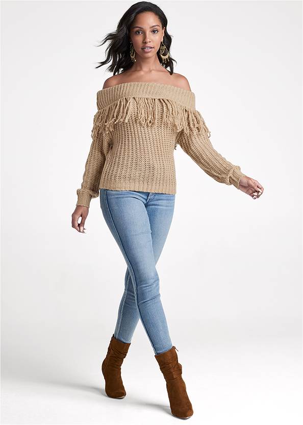 Full Front View Off-The-Shoulder Fringe Sweater
