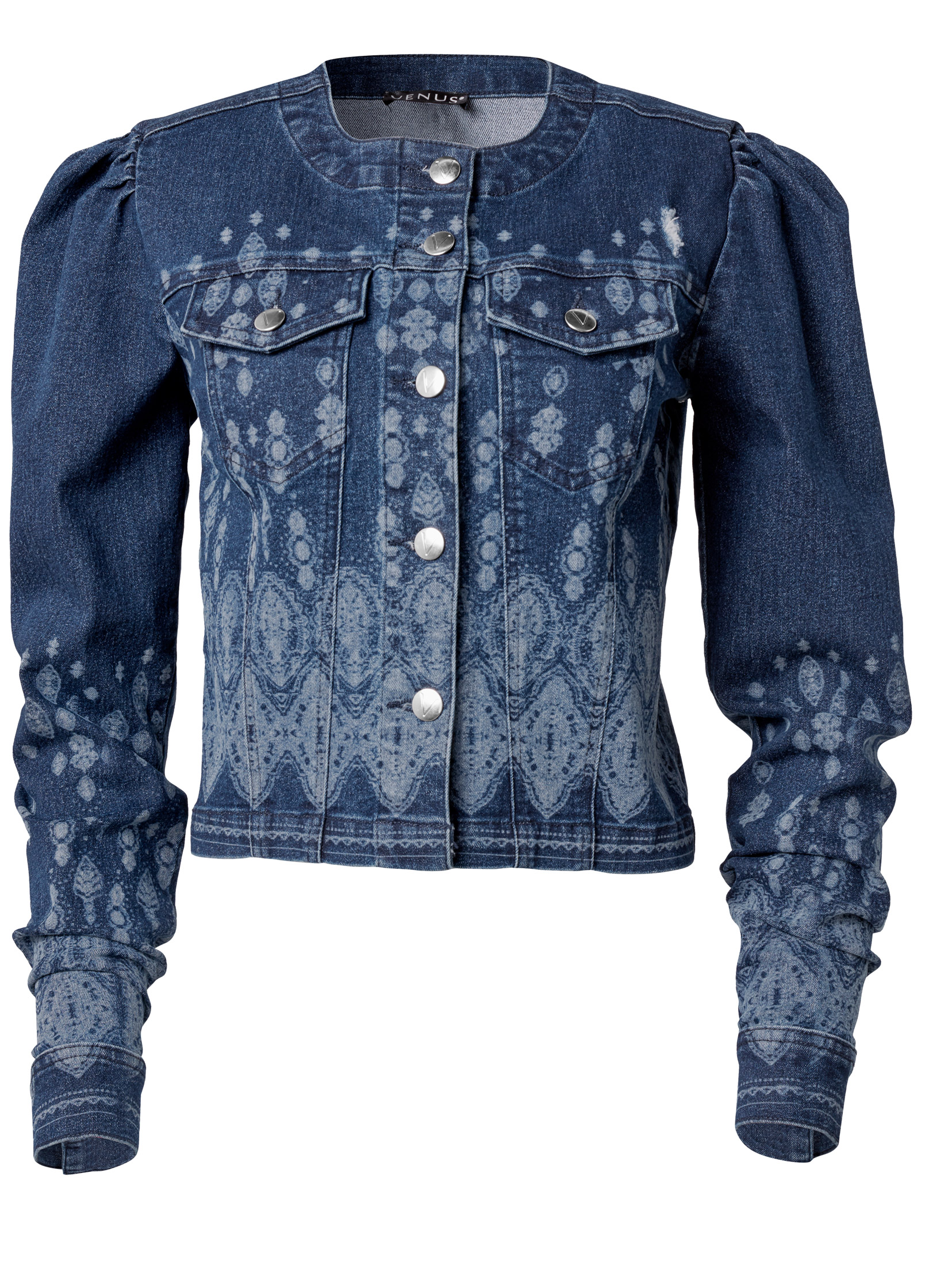 Bandana Printed Jean Jacket in Blue Multi | VENUS