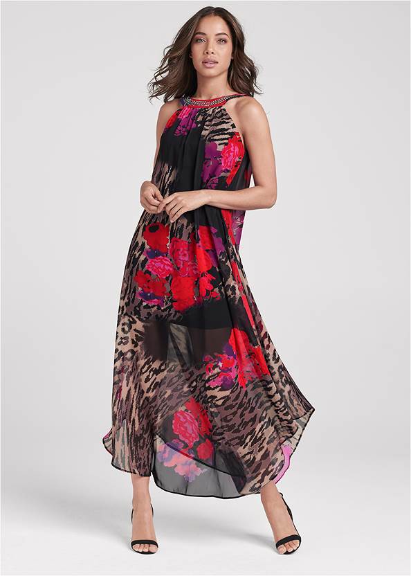 Leopard Mix Print Dress,Sexy Slingback Heels,Velvet Embellished Heels
