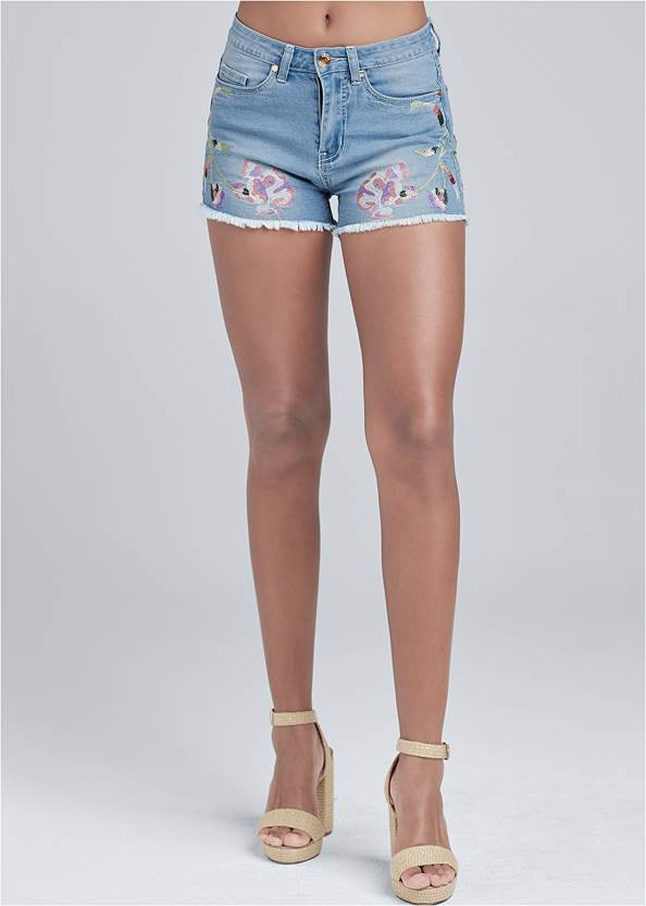 Waist down front view Floral Embroidered Shorts
