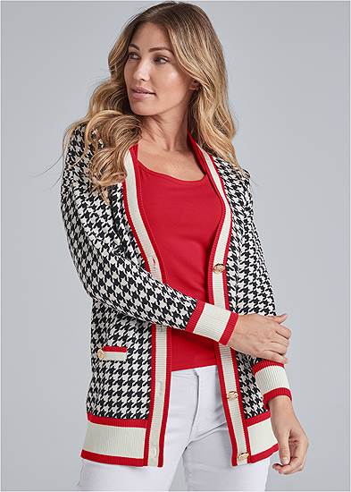 Plus Size Houndstooth Print Cardigan With Color Block Stripes