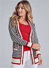 Front View Houndstooth Print Cardigan With Color Block Stripes