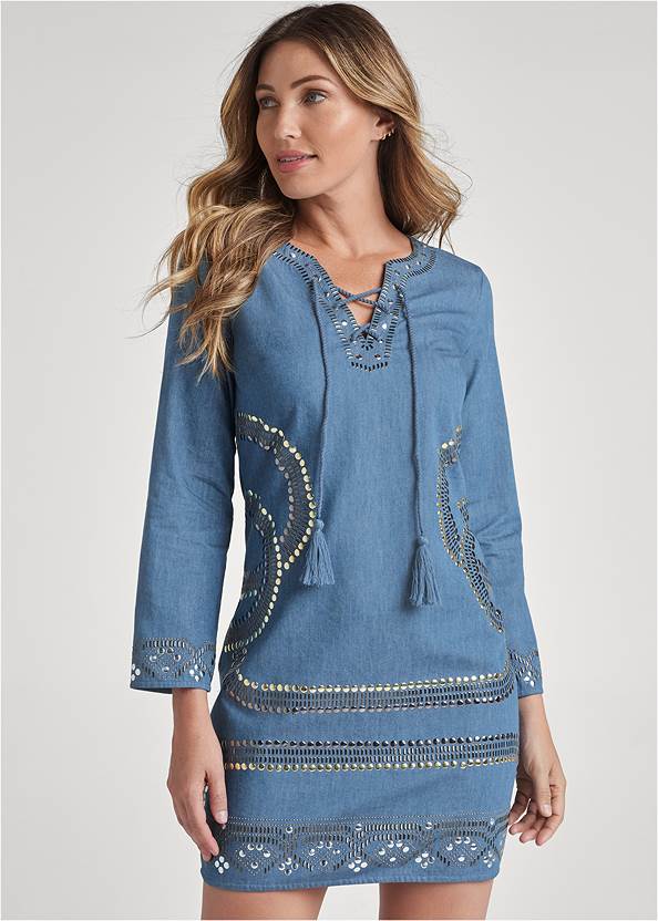 Cropped front view Embellished Chambray Dress