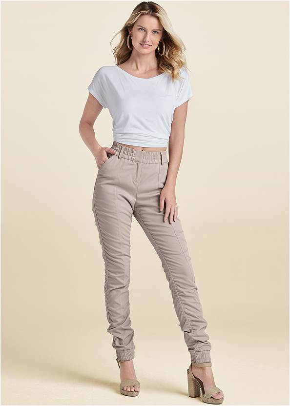 Ruched Jogger Pants,Casual Tee,Easy Halter Top,Rope-Sole Wedge Slides,Quilted Sneakers,Oversized Gold Hoop Earrings