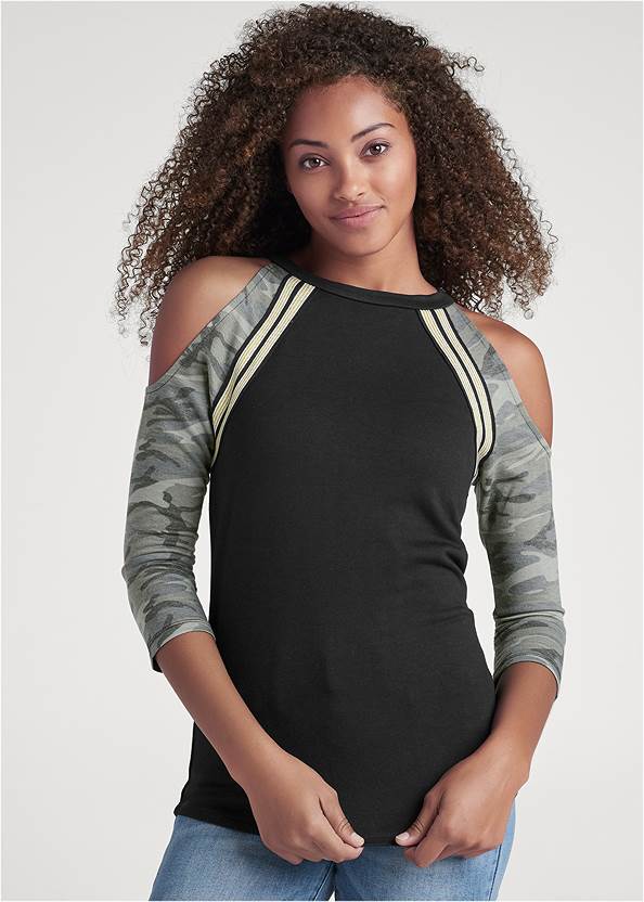 Front View Metallic Striped Camo Top