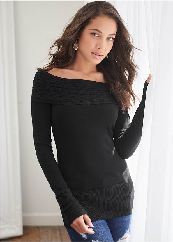 Cropped Front View Cable Detail Tunic Sweater