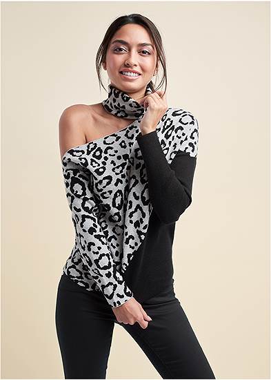 Leopard Print One-Shoulder Sweater