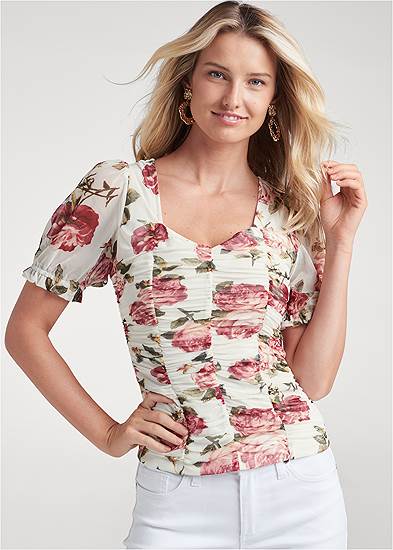 Floral Ruched Mesh Top