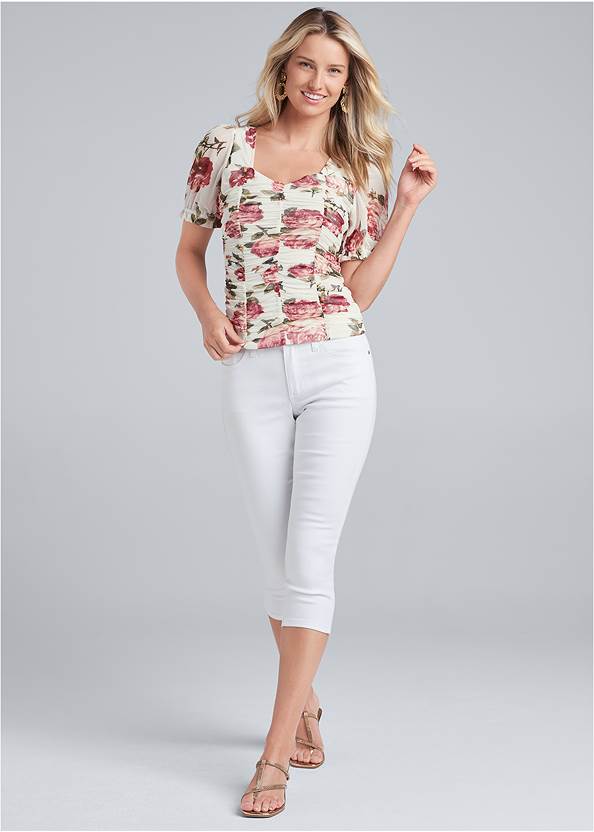 Alternate View Floral Ruched Mesh Top