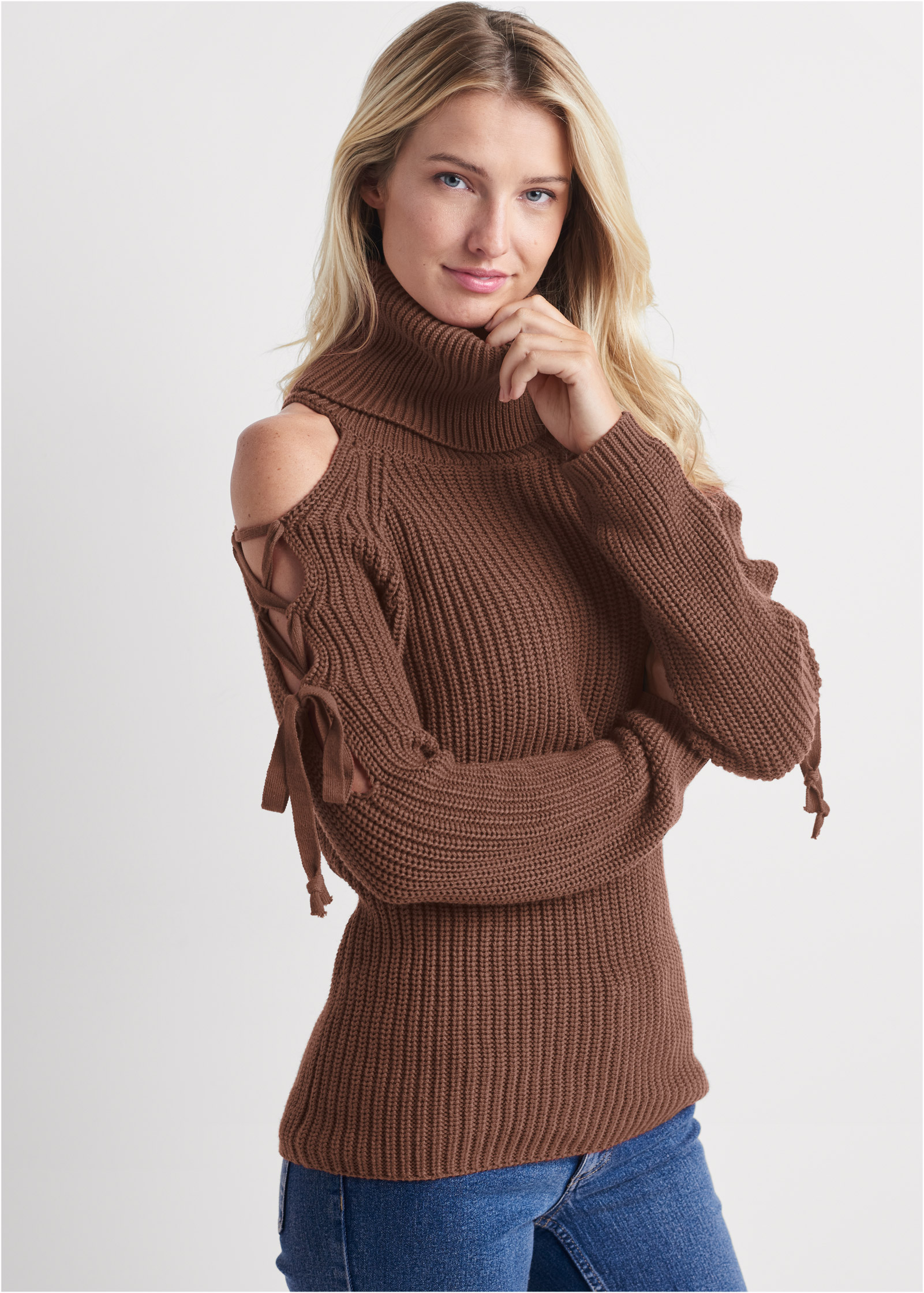 open shoulder turtleneck sweater