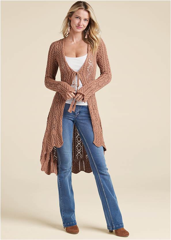 Long Crochet Cardigan,Basic Cami Two Pack,Casual Bootcut Jeans,Faux-Suede Fringe Booties