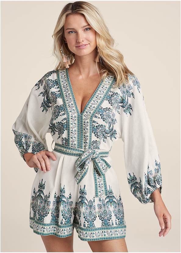 Cropped Front View Paisley Print Linen Romper