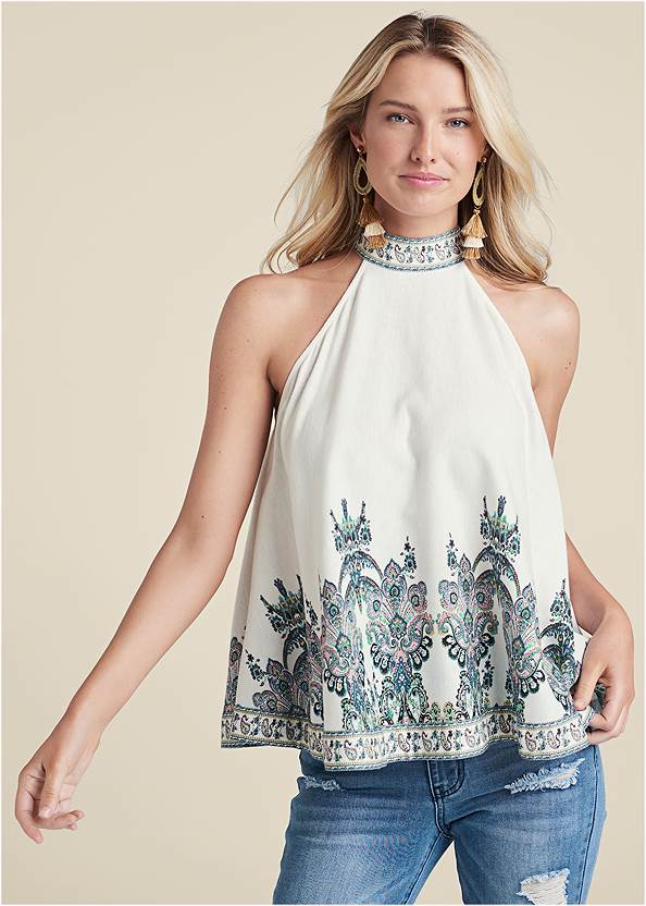 Linen Paisley Mock-Neck Top,Triangle Hem Jeans,Lift Jeans,Braided Double Strap Mules