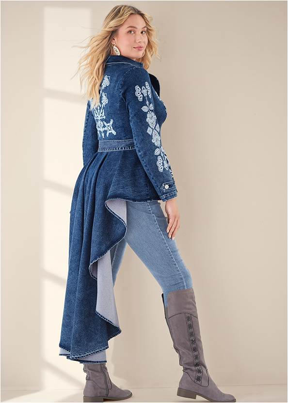 High-Low Denim Trench Coat,Basic Cami Two Pack,Slim Jeans,Stretch Back Boots,Ruched Peep Toe Booties,Raffia Hoop Earrings,Tie-Dye Tote Bag