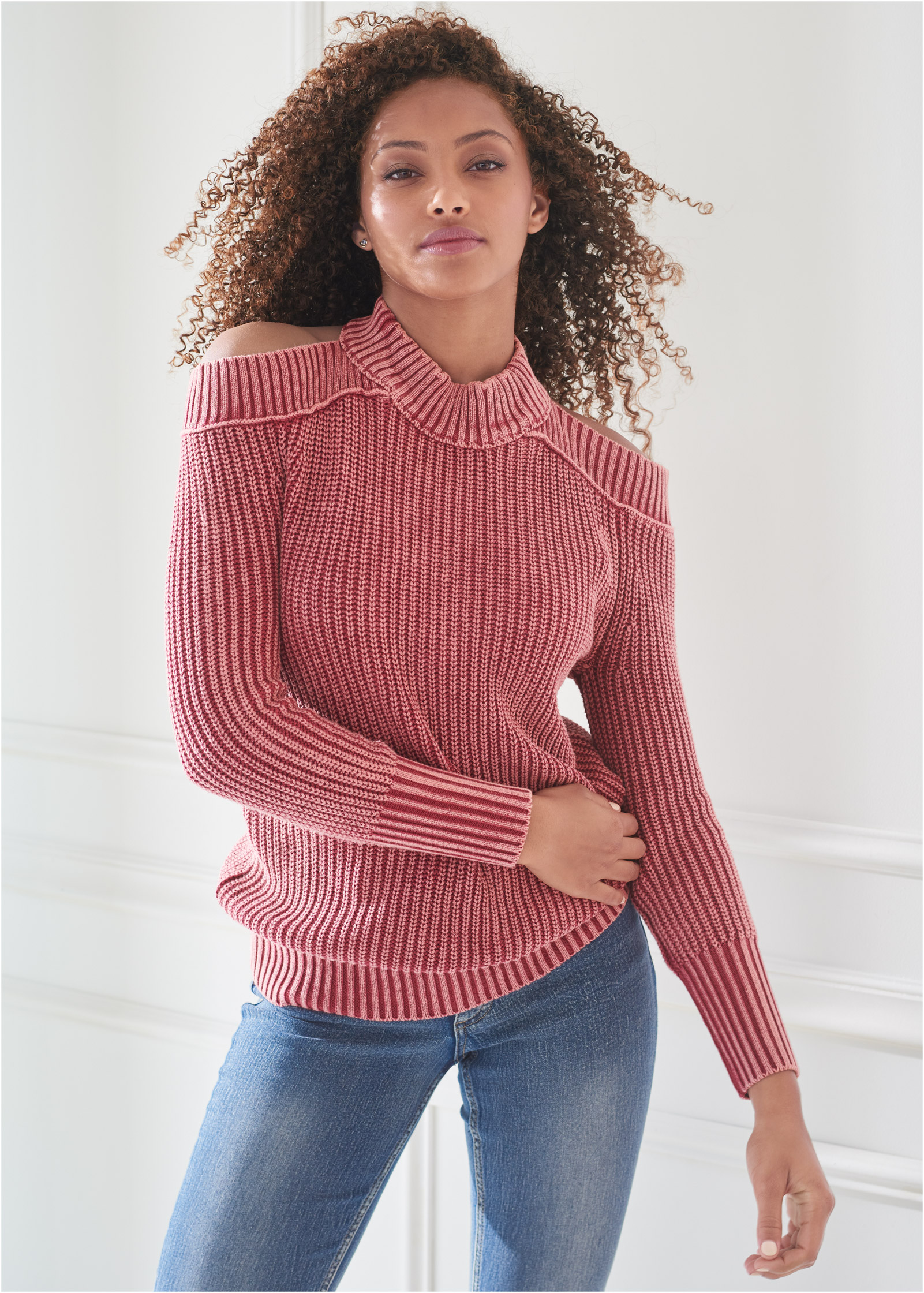 Mock neck shop cold shoulder sweater