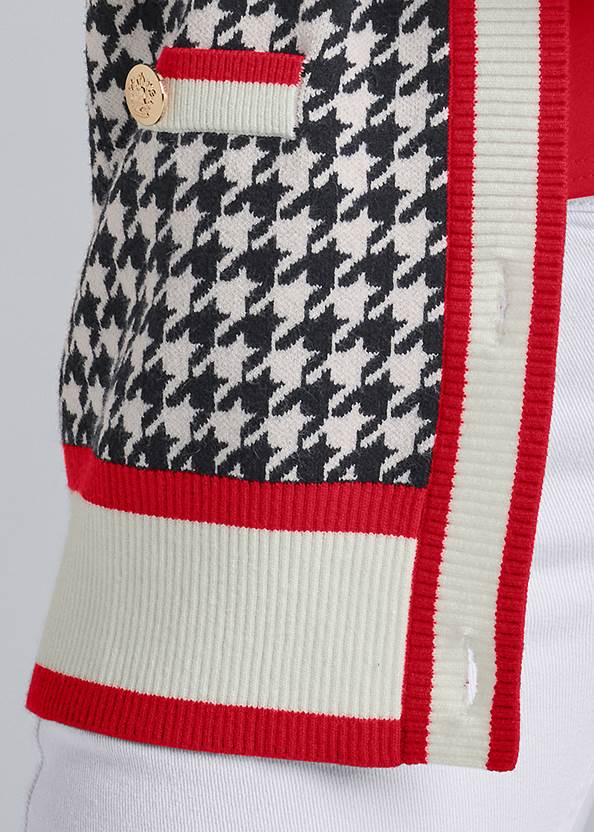 Detail front view Houndstooth Print Cardigan With Color Block Stripes