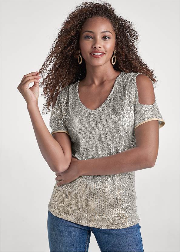 Cold-Shoulder Sequin Top,Bum Lifter Jeans,Casual Bootcut Jeans,Pave Statement Earrings