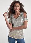 Cropped front view Cold-Shoulder Sequin Top