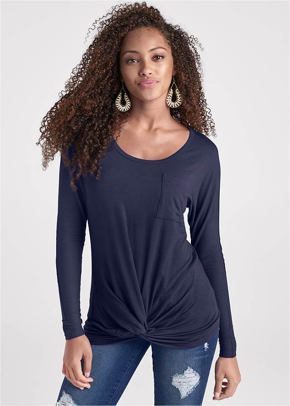 Cropped front view Knot Twist Long Sleeve Tee