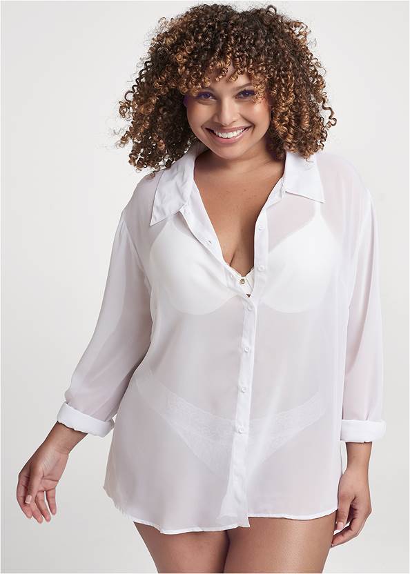 Sheer Button-Up Sexy Shirt,Pearl By Venus® Perfect Coverage Bra,Pearl By Venus® Allover Lace Thong 3 Pack,Halter Neck Dress