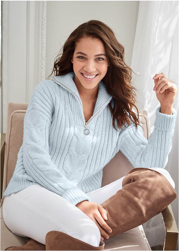 Quarter Zip Sweater,Bootcut Jeans,Slim Jeans,Bum Lifter Jeans,Western Block Heel Booties,Lace-Up Tall Boots,T-Strap Heels,Over-The-Knee Stretch Boots,Hoop Detail Earrings,Fringe Bucket Bag