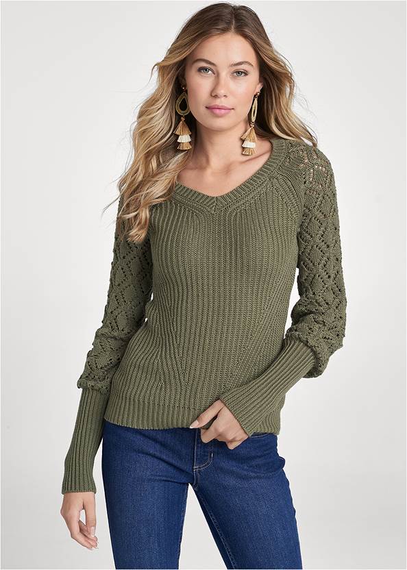 Front View Pointelle Sleeve Sweater