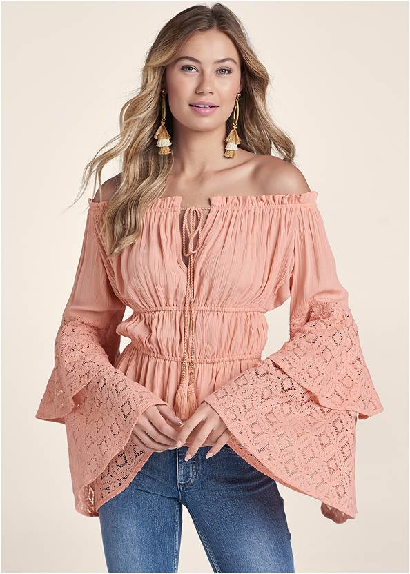 Lace Bell Sleeve Top,Casual Bootcut Jeans,Triangle Hem Jeans,Braided Strappy Cork Wedges,Tiered Tassel Drop Earrings