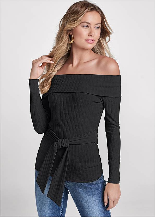 Cropped Front View Ribbed Off-The-Shoulder Top