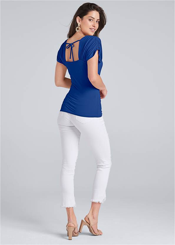 Back View Ruched Sleeve Top, Any 2 Tops For $39