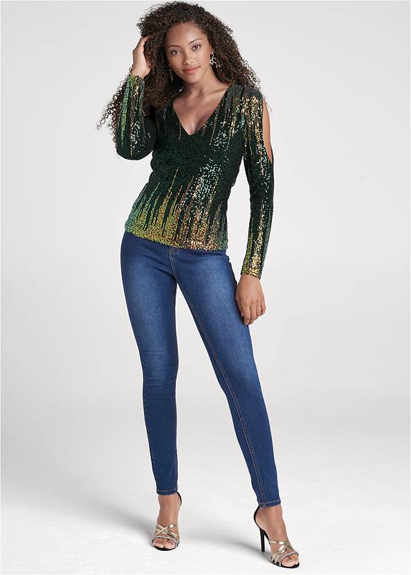 Full front view Sequin V-Neck Top