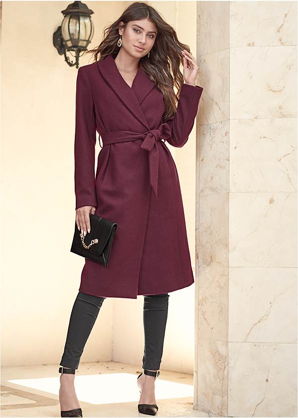 Front View Belted Faux-Wool Coat