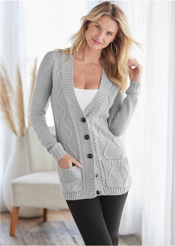 Cropped Front View Button-Front Knit Cardigan