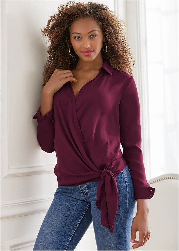 Cropped Front View Surplice Side Tie Blouse, Any 2 Tops For $49