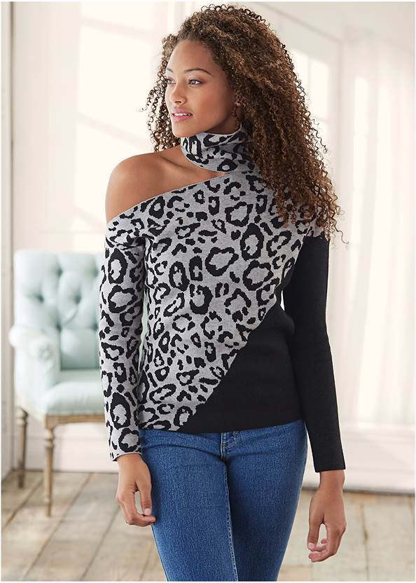 Alternate View Leopard Print One-Shoulder Sweater