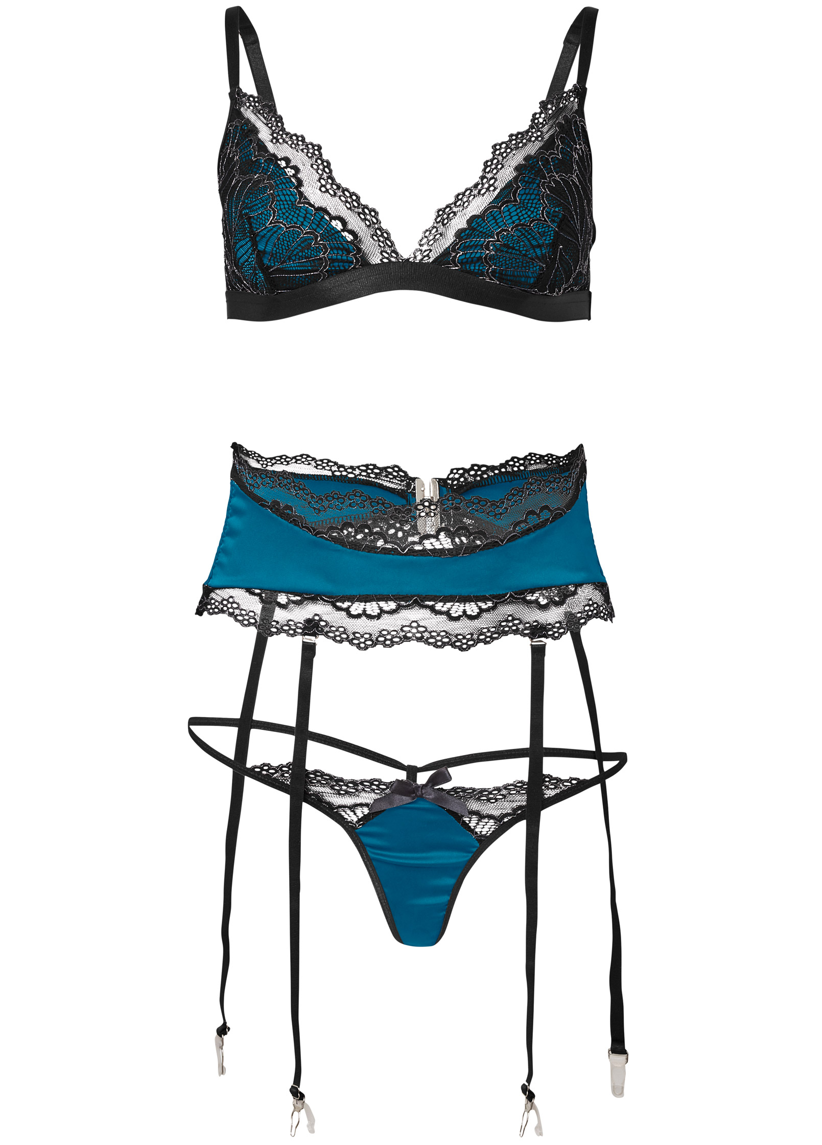 SATIN AND LACE LINGERIE SET in Blue Black VENUS