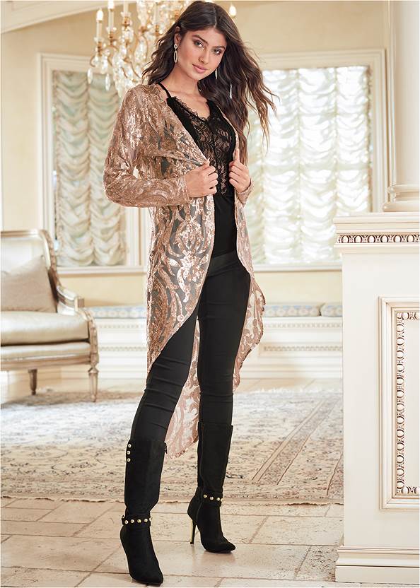 Allover Sequin Duster,Basic Cami Two Pack,Mid Rise Slimming Stretch Jeggings,Mid Rise Color Skinny Jeans,Gold Statement Heel Boots