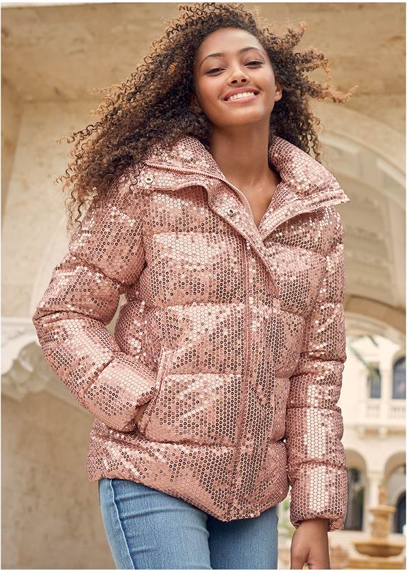 Cropped front view Sequin Puffer Jacket