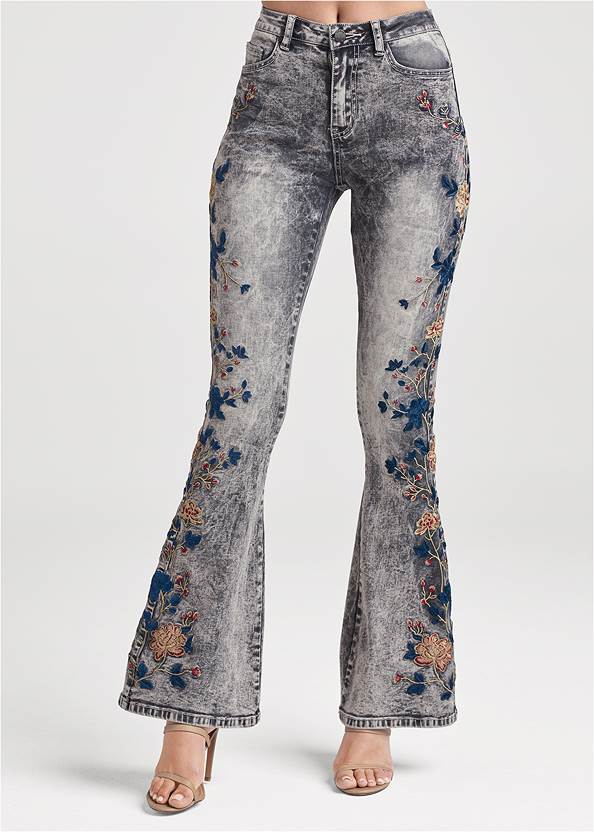 Front View Floral Embroidered Jeans