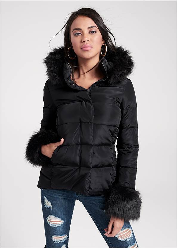 Faux-Fur Trim Puffer Coat,Ripped Skinny Jeans,Over-The-Knee Stretch Boots