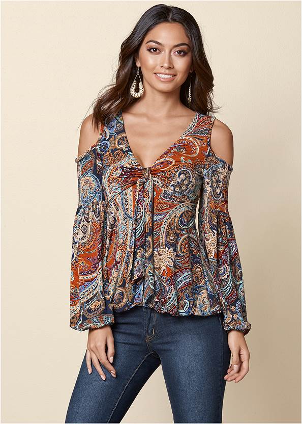 Cold-Shoulder Paisley Top,Mid Rise Color Skinny Jeans,Frayed Hem Jeans,Lace Up Detail Boots,Faux-Leather Buckle Boots,Beaded Drop Earrings