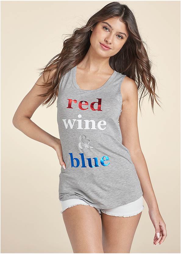 Red Wine And Blue Lounge Tank Top,Cutoff Jean Shorts,Distressed Jean Shorts,Patriotic Infinity Scarf