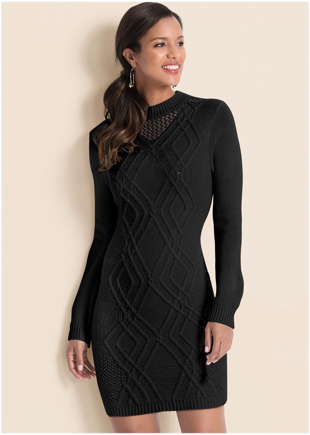 Cable Knit Sweater Dress in Black | VENUS