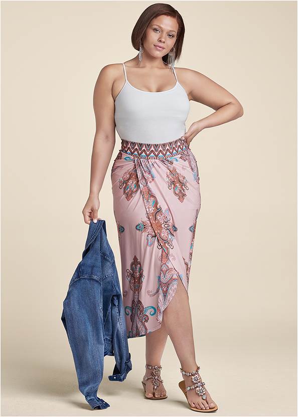 Wandering Goddess Skirt,Basic Cami Two Pack,Strappy Detail Top, Any 2 Tops For $39,Jean Jacket,Embellished Rope Sandals,Stone Demi Wedge Sandals,Tassel Hoop Earrings,Striped Jute Crossbody