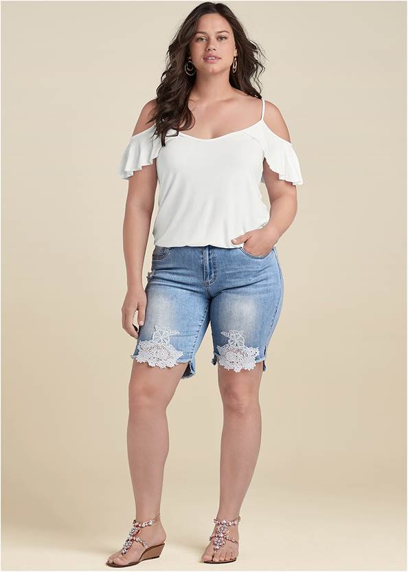 Lace Trim Bermuda Shorts,Ruffle Cold-Shoulder Top,Basic Cami Two Pack