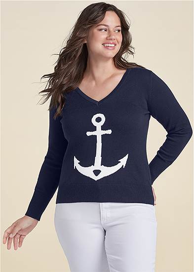 Plus Size Anchor V-Neck Sweater