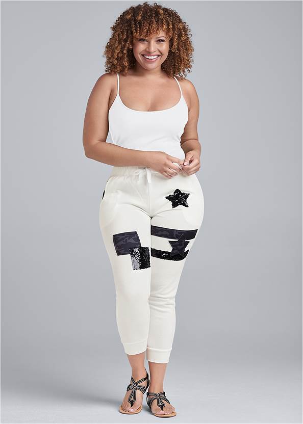 Patchwork Joggers,Basic Cami Two Pack,Embellished Sandals,Lace-Up Star Sneakers,Striped Straw Tote